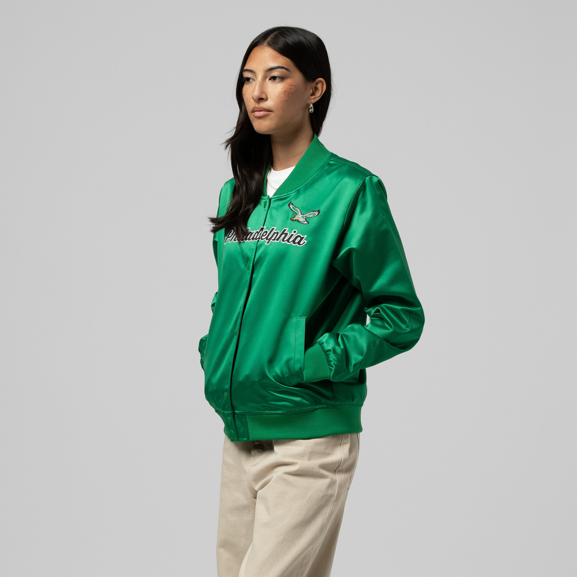 Women's Mitchell & Ness Kelly Green Philadelphia Eagles Full-Snap Satin Jacket | Fanatics