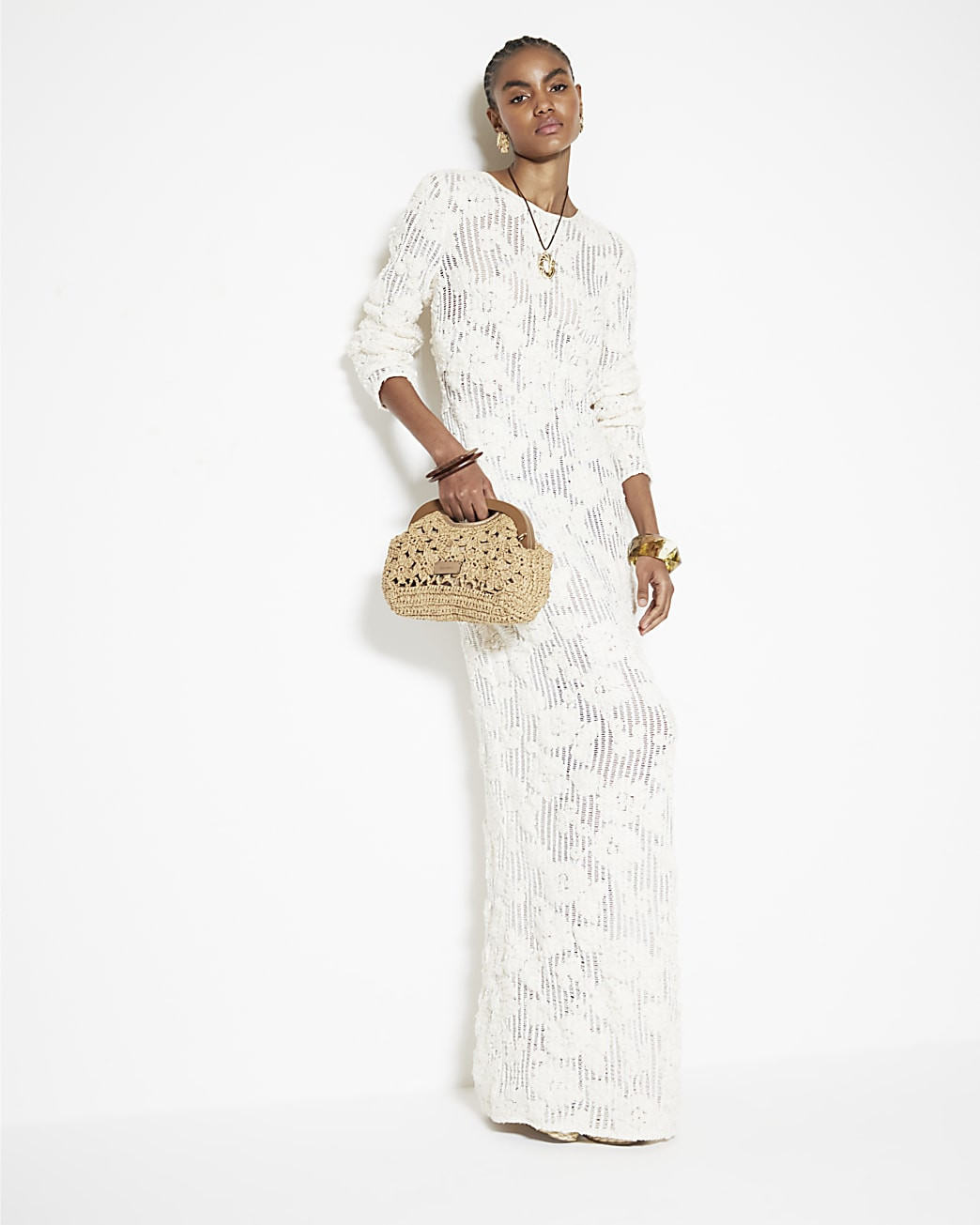 Cream Floral Lace Long Sleeved Maxi Dress | River Island UK & IE