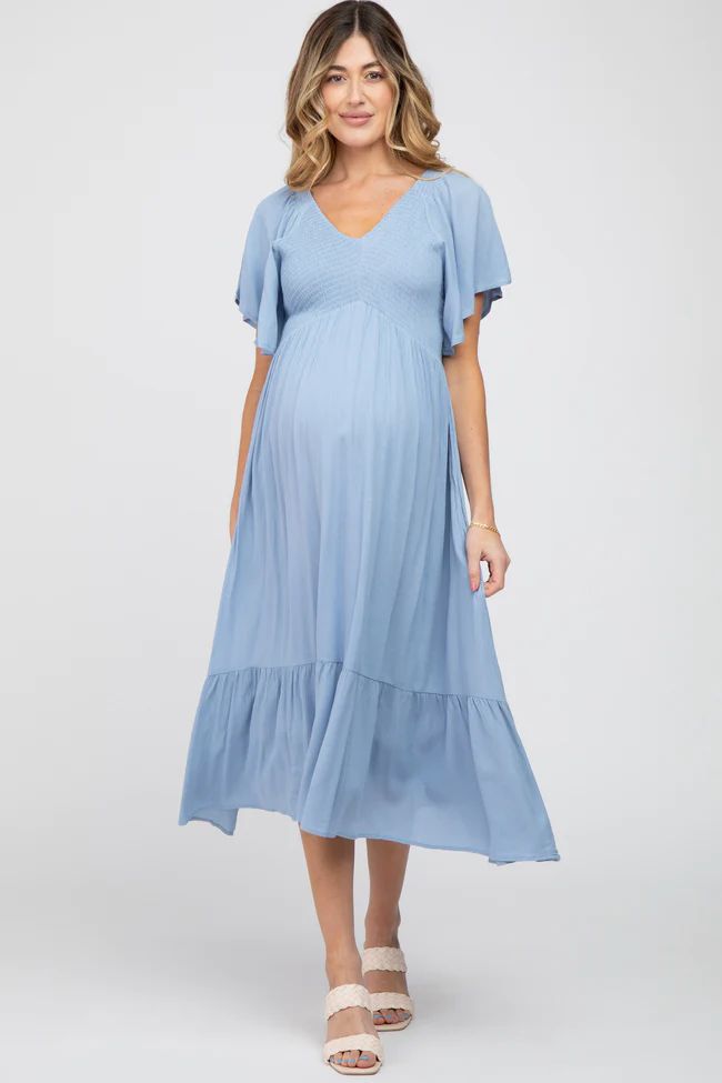 Blue Smocked Ruffle Maternity Dress | PinkBlush Maternity