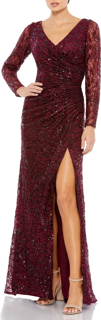 Mac Duggal Long Sleeve Ruched Sequined V-Neck Gown | Nordstrom | Nordstrom