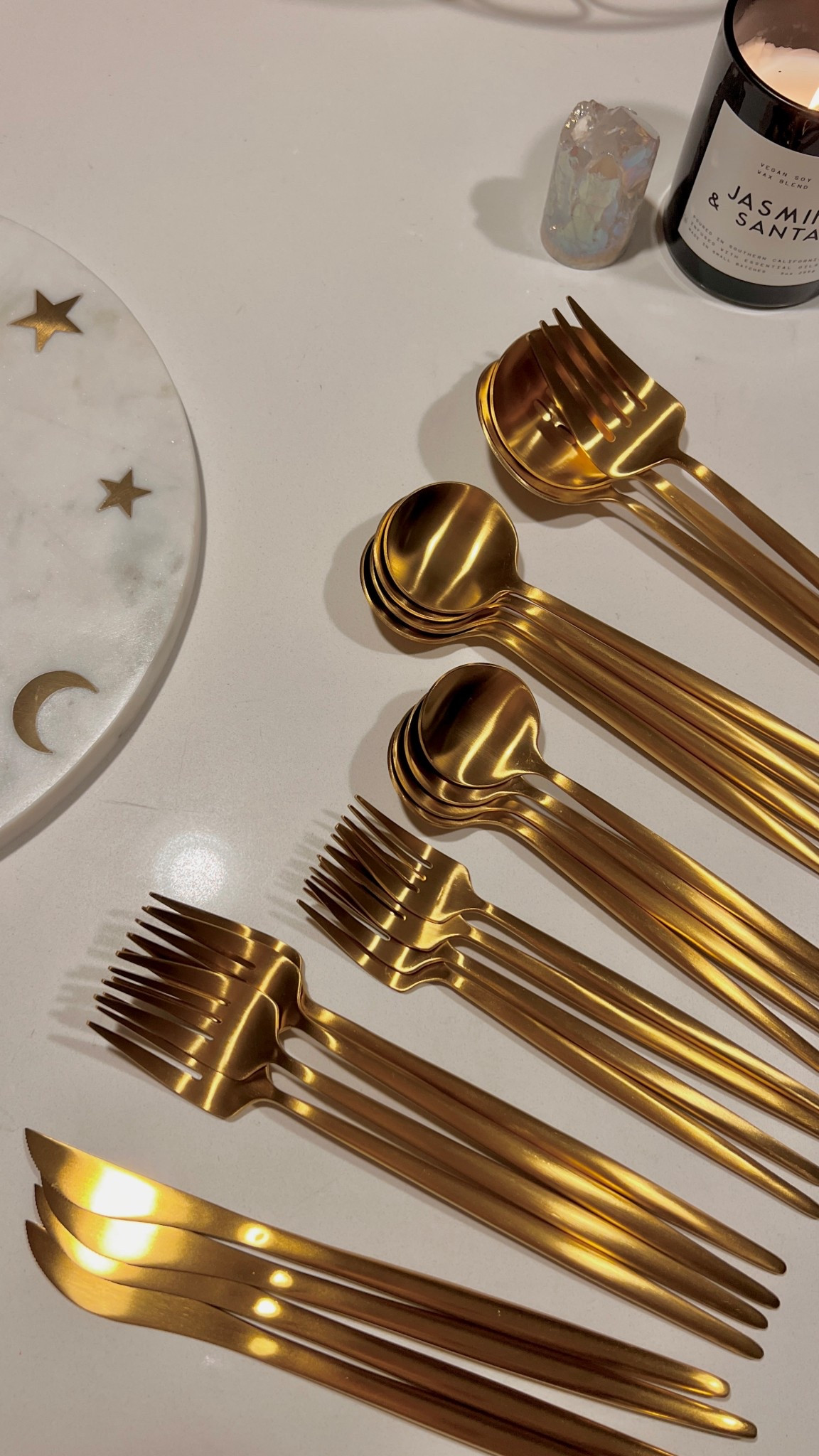 Finally found the gold flatware of my dreams. These are…
- machine washable 🙌🏼
- lightweight 
- delicately shaped 

Marble serving board is
- easy to wipe down
- laden with beautiful metallic celestial icons
- a satisfying heavy weight

Both add an aesthetic elevation to your table or countertop

#LTKHome #LTKSaleAlert