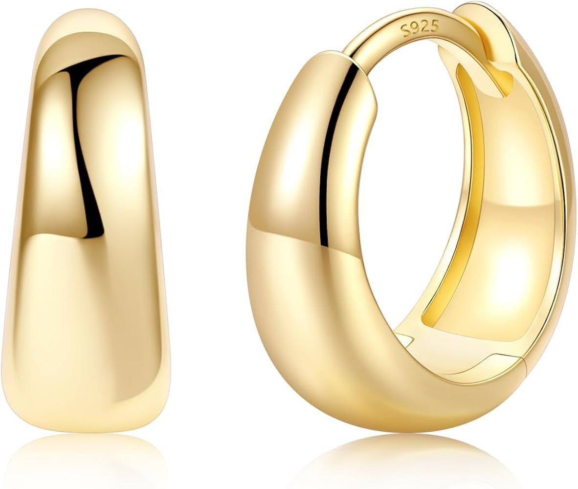 14K Gold Plated Chunky Hoop Earrings for Women, Small Thick Huggie Hoops with 925 Sterling Silver... | Amazon (US)