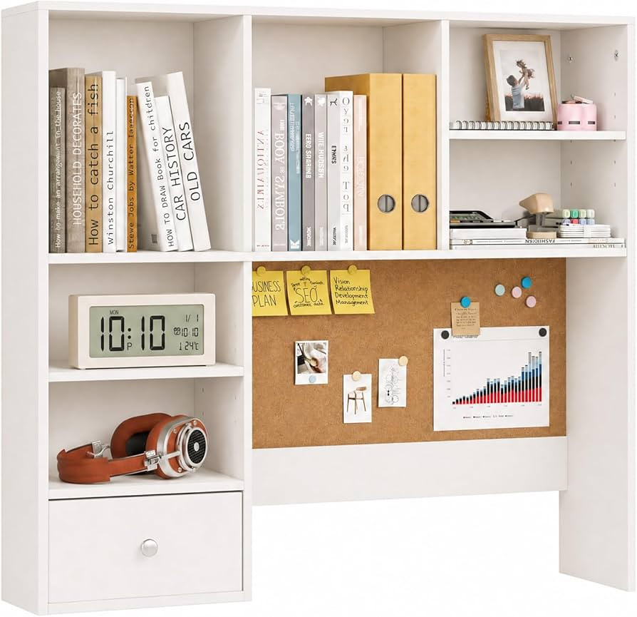 White Desk Hutch with Cork Board for Photos and Reminders, Dorm Desk Hutch with Drawers and Shelv... | Amazon (US)