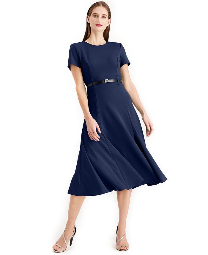 Calvin Klein Belted A line Midi Dress & Reviews - Dresses - Women - Macy's | Macys (US)