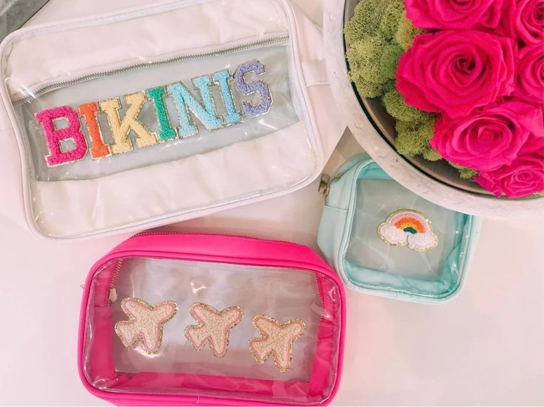 XLARGE clear cosmetic bags - clear toiletry pouch - nylon bag - toiletry bag with patches - clear... | Etsy (US)