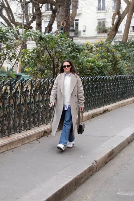 Paris OOTD for doing all the shopping on Champs Elysees 🥰. Long wool coat, denim, a chunky sweater, and sambas. The gray coat is currently sold out so linking to it in black, which I also have and love!