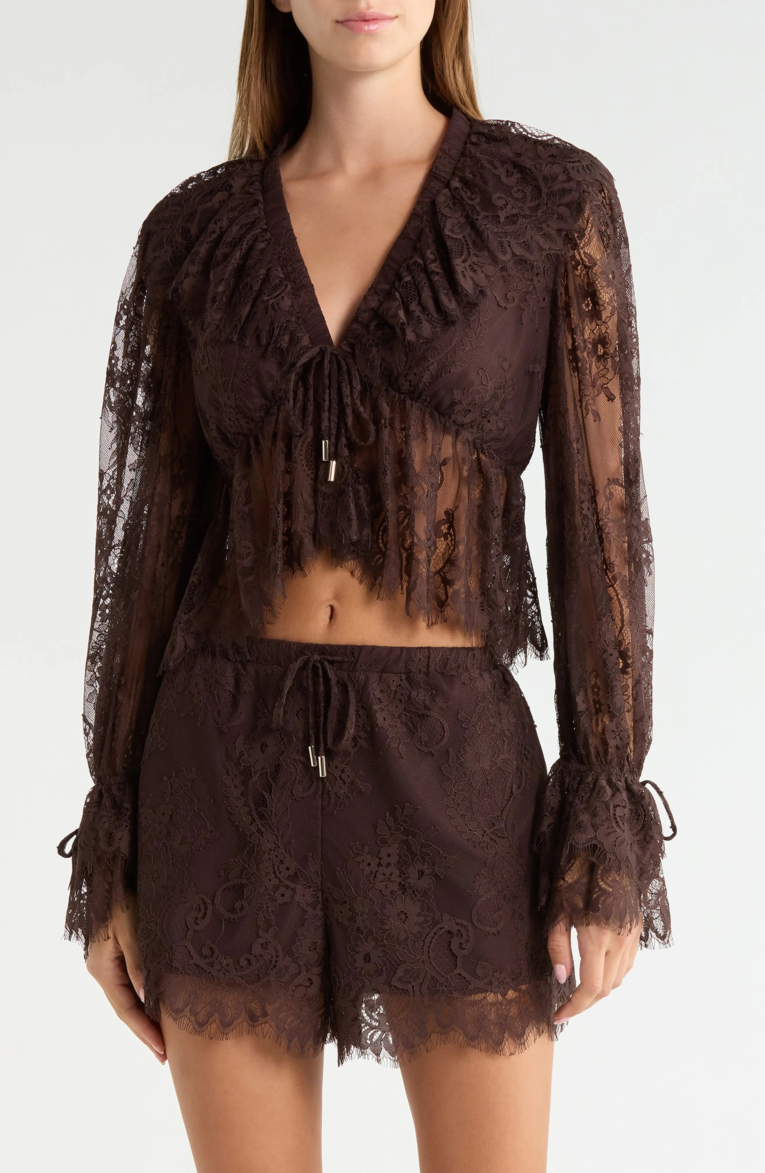KITTENISH Long Sleeve Crop Lace Top in Egret at Nordstrom, Size Medium | Nordstrom