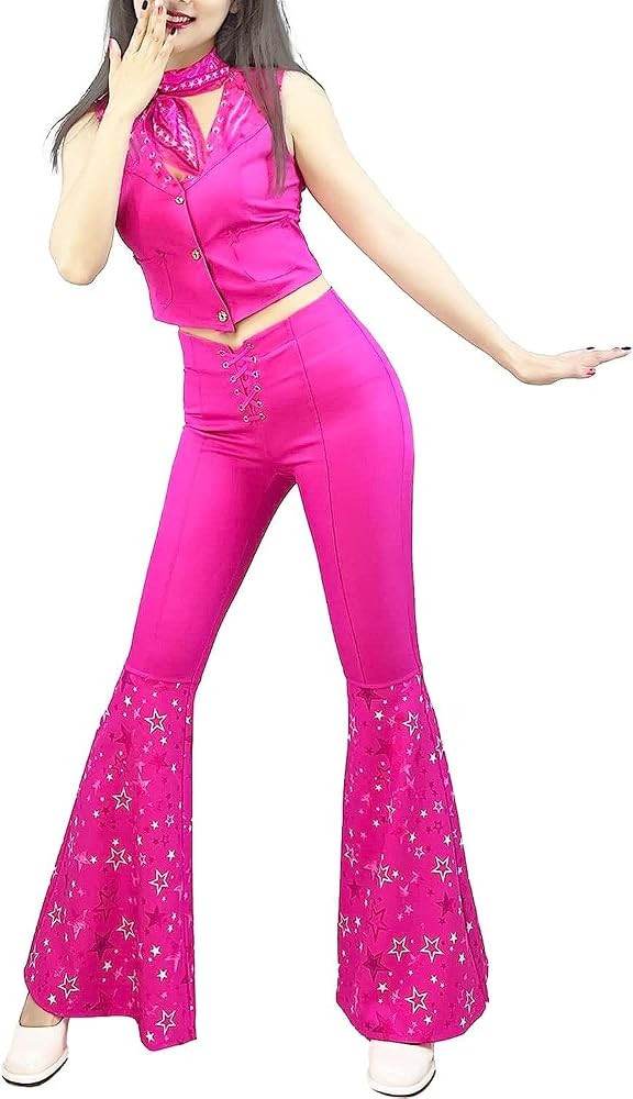TYCDZ 70s 80s Hippie Disco Costume Pink Flare Pant Halloween Cosplay For Women Girls | Amazon (US)