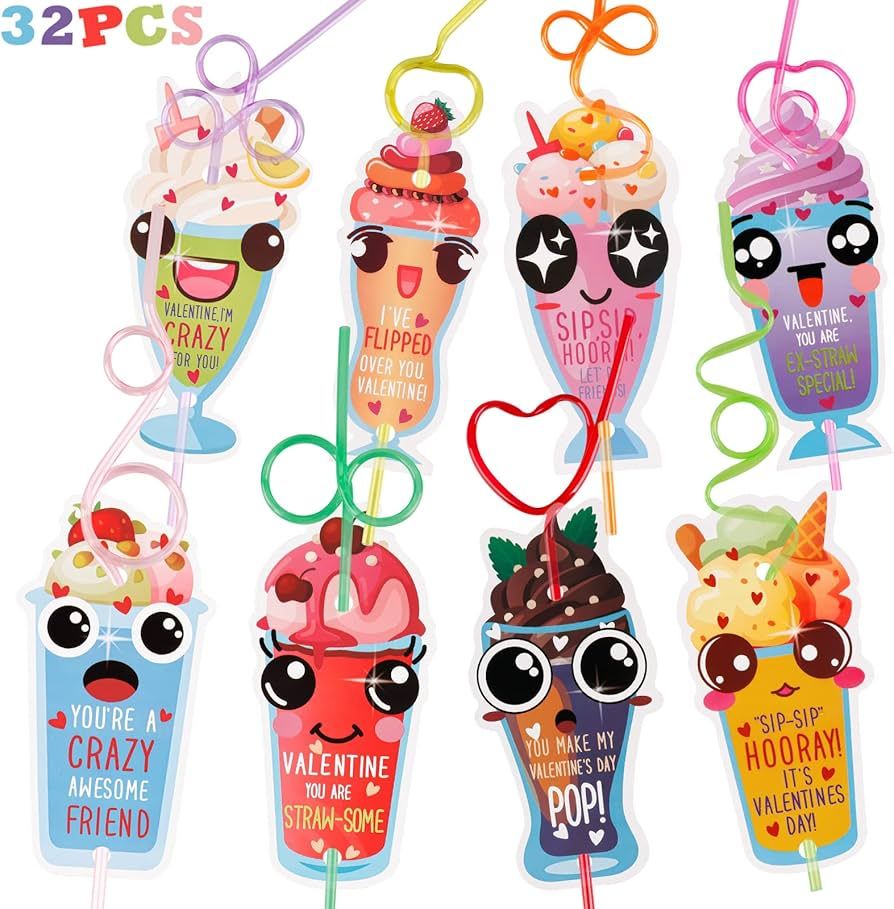 Valentines Day Gifts for Kids - 32 Pcs Valentines Crazy Straws Cards Gifts Reusable Straws for Ki... | Amazon (US)