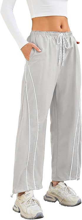 Womens Wide Leg Track Pants Drawstring High Rise Striped Elastic Waist Baggy Pants | Amazon (US)