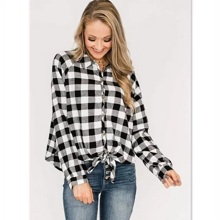 Spring and summer loose plaid tied long-sleeved cardigan shirt | Walmart (US)