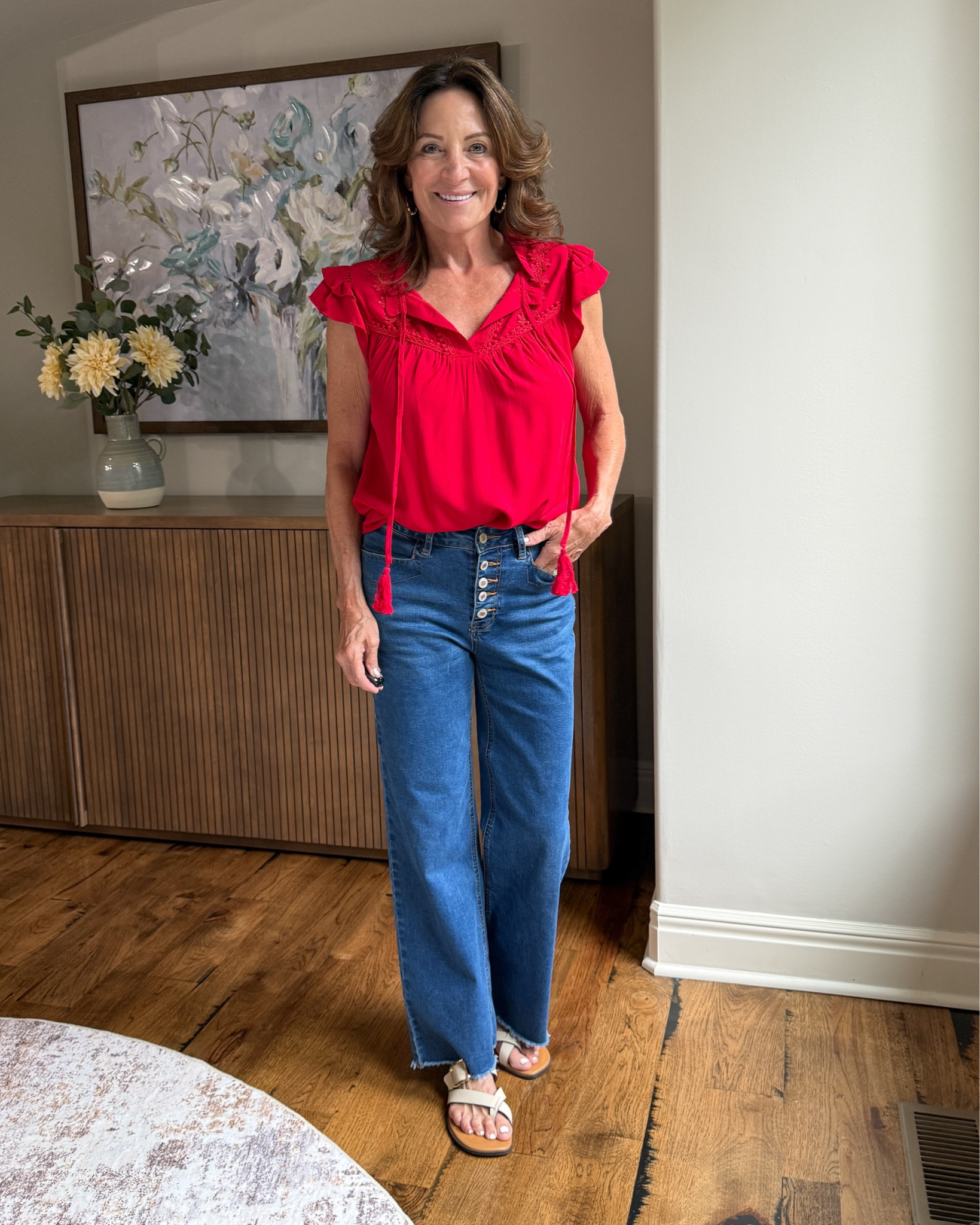 Red ruffle blouse outfit with cropped wide leg jeans

A bold blouse is one of the easiest ways to make your favorite jeans feel fresh again. I love pairing this one with relaxed denim for an outfit that’s comfortable, flattering, and easy to wear all day.

#redblouse #widelegjeans #over50fashion #casualstyle