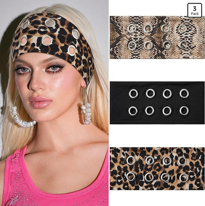 AWAYTR Women Hollow Out Eyelet Elastic Headband Y2K Wide Grommet Hairband Punk Grunge Wide Band f... | Amazon (US)