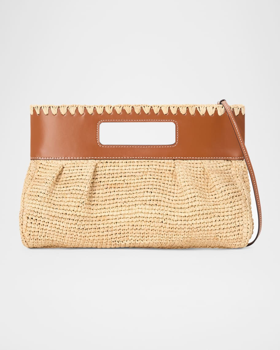 STAUD Lena Raffia and Leather Clutch Bag | Neiman Marcus