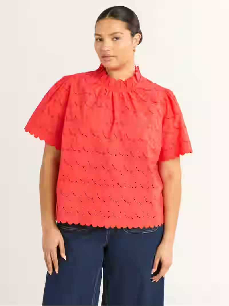 Free Assembly Women's Ruffle Cotton Eyelet Top with Short Sleeves, Sizes XS-4X | Walmart (US)