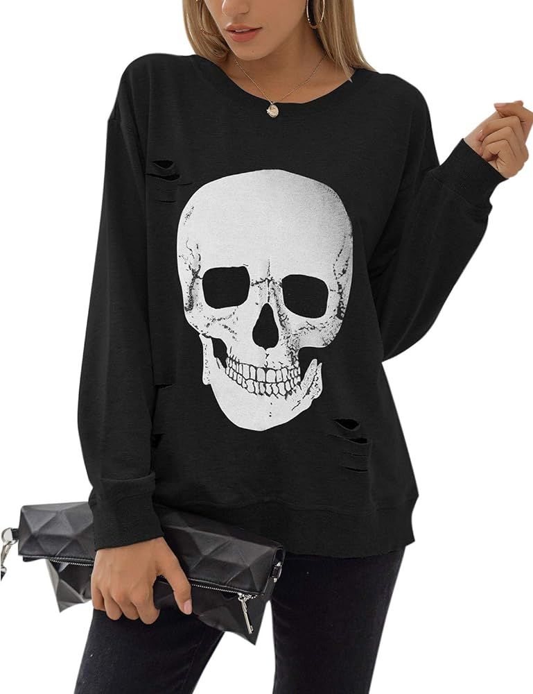 Blooming Jelly Women's Crewneck Sweatshirt Skull Graphic T Shirts Long Sleeve Top Pullover Oversized | Amazon (US)