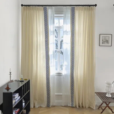 Apricot Linen Curtains, Double Pinch Pleats, Sky Blue Embroidered Trim | Wayfair North America