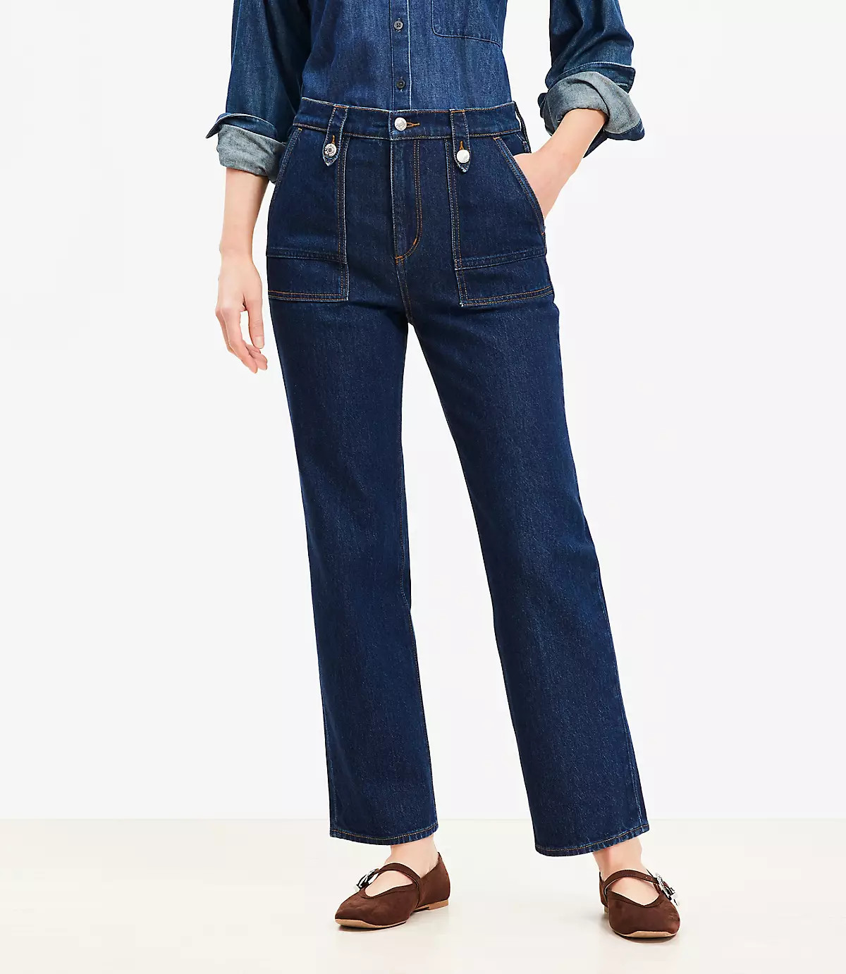 High Rise Straight Utility Jeans in Mid Indigo Wash | LOFT