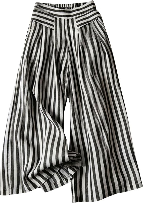 Hooever Womens Cotton Linen Culottes Pants Casual Elastic Waist Striped Wide Leg Trousers with Po... | Amazon (US)