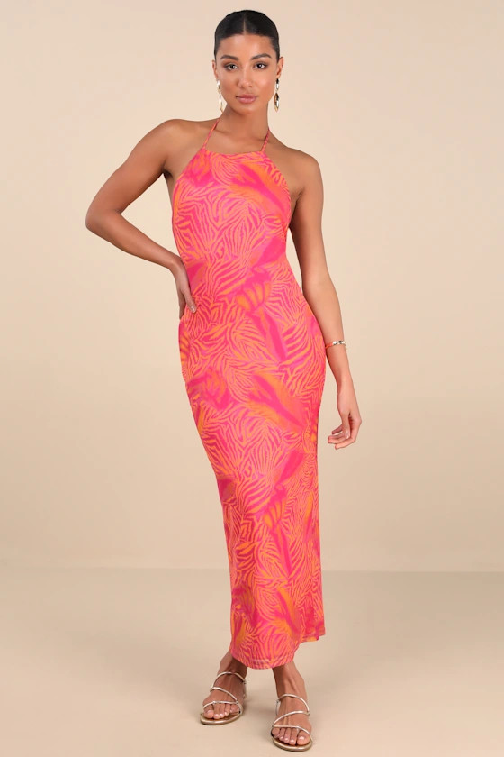 Camadi Hot Pink Animal Print Mesh Backless Midi Dress | Lulus