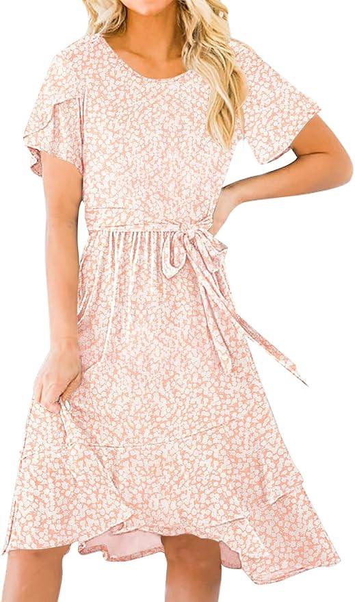 ZOWODO Womens Casual Short Sleeve Crew Neck Wrap Ruffle Polka Dot Print Belted Swing Midi Dress w... | Amazon (US)