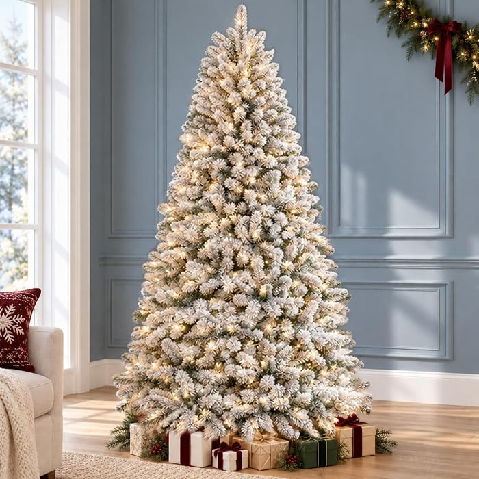 7ft Prelit Artificial Flocked Snow Spruce Christmas Tree Xmas,White | Amazon (US)