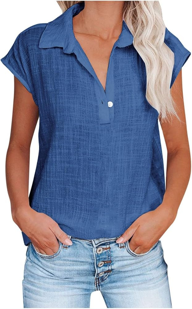 Linen Shirts for Women Summer Cap Sleeve Shirts Trendy Casual Loose Solid V Neck Collared Blouses... | Amazon (US)