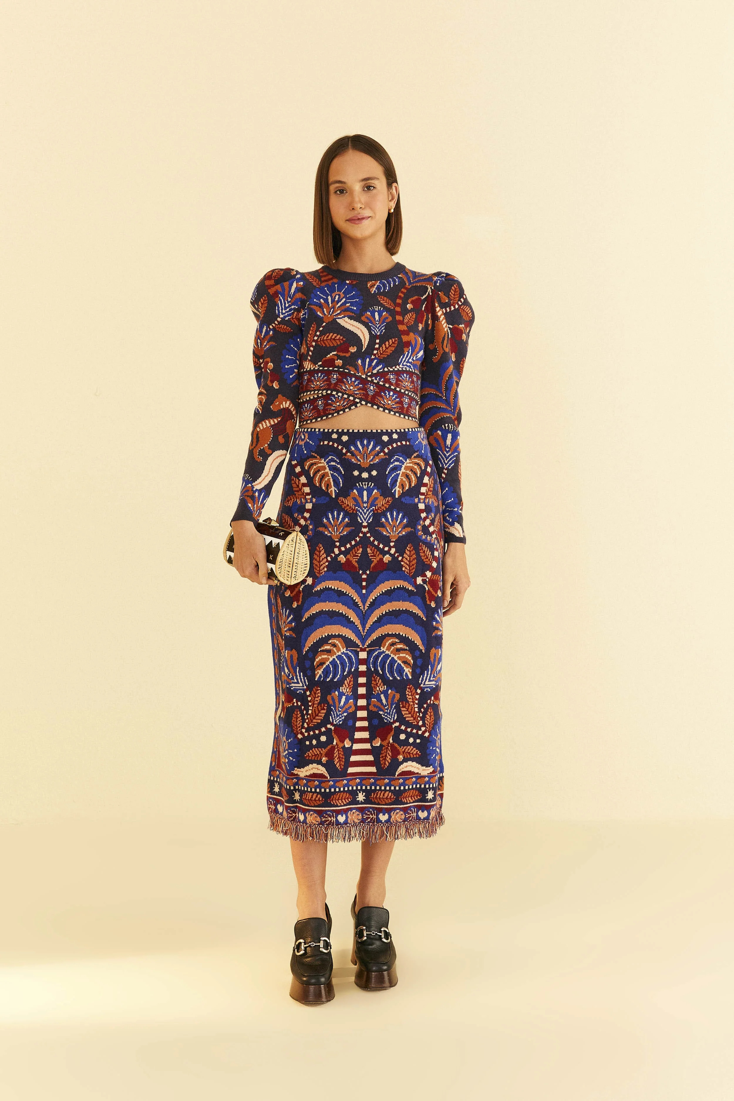 blue nature beauty scarf knit midi skirt | FarmRio (US)