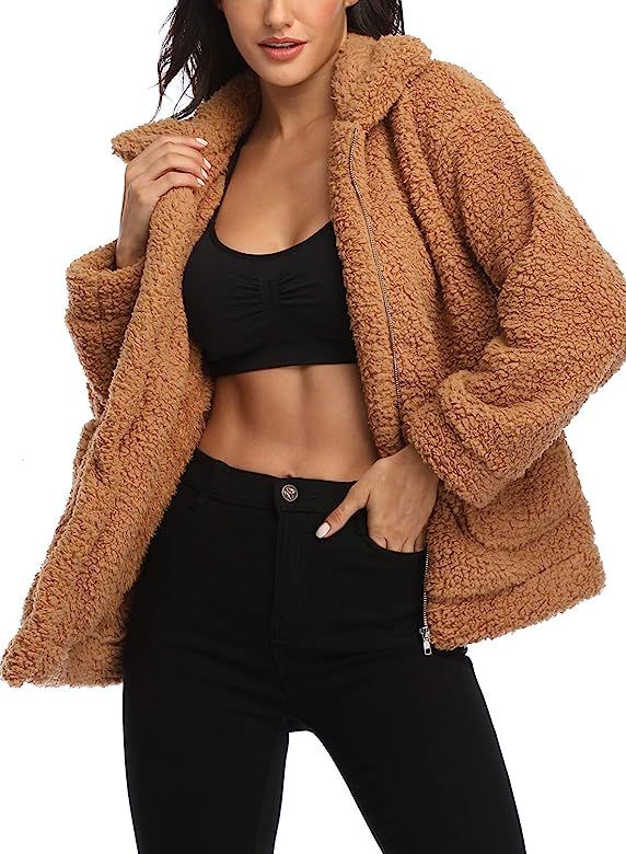 Women's Fuzzy Fleece Sherpa Jacket Coat Warm Winter Faux Fur Shearling Jacket Coat with Pocket | Amazon (US)