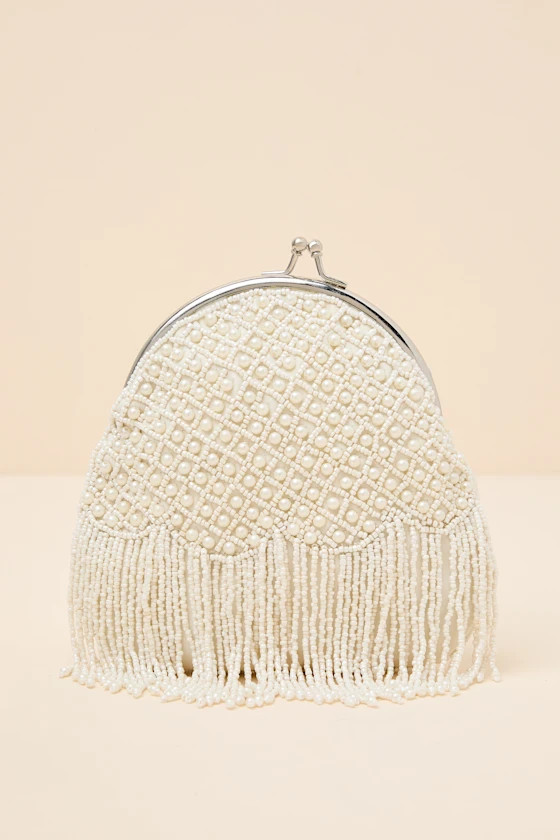 Marceline White Beaded Pearl Fringe Clutch | Lulus