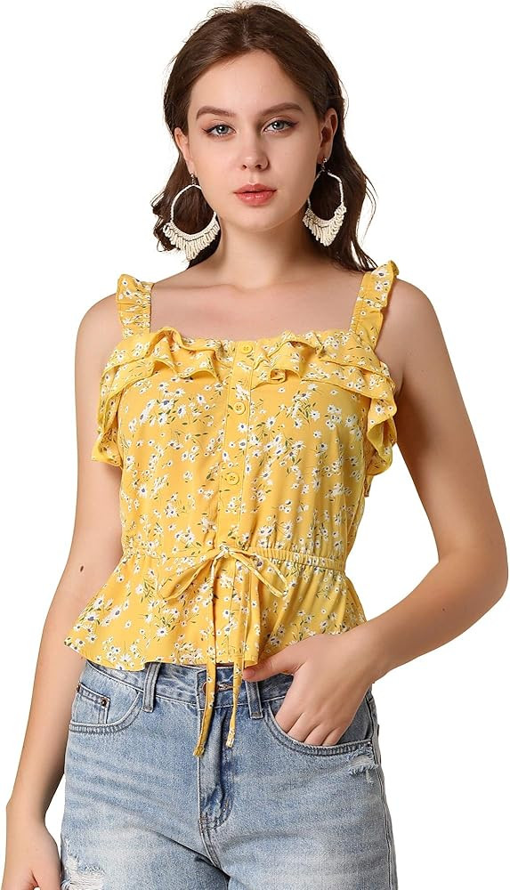 Allegra K Women's Floral Tie Waist Ruffled Strap Tank Top Peplum Blouse | Amazon (US)