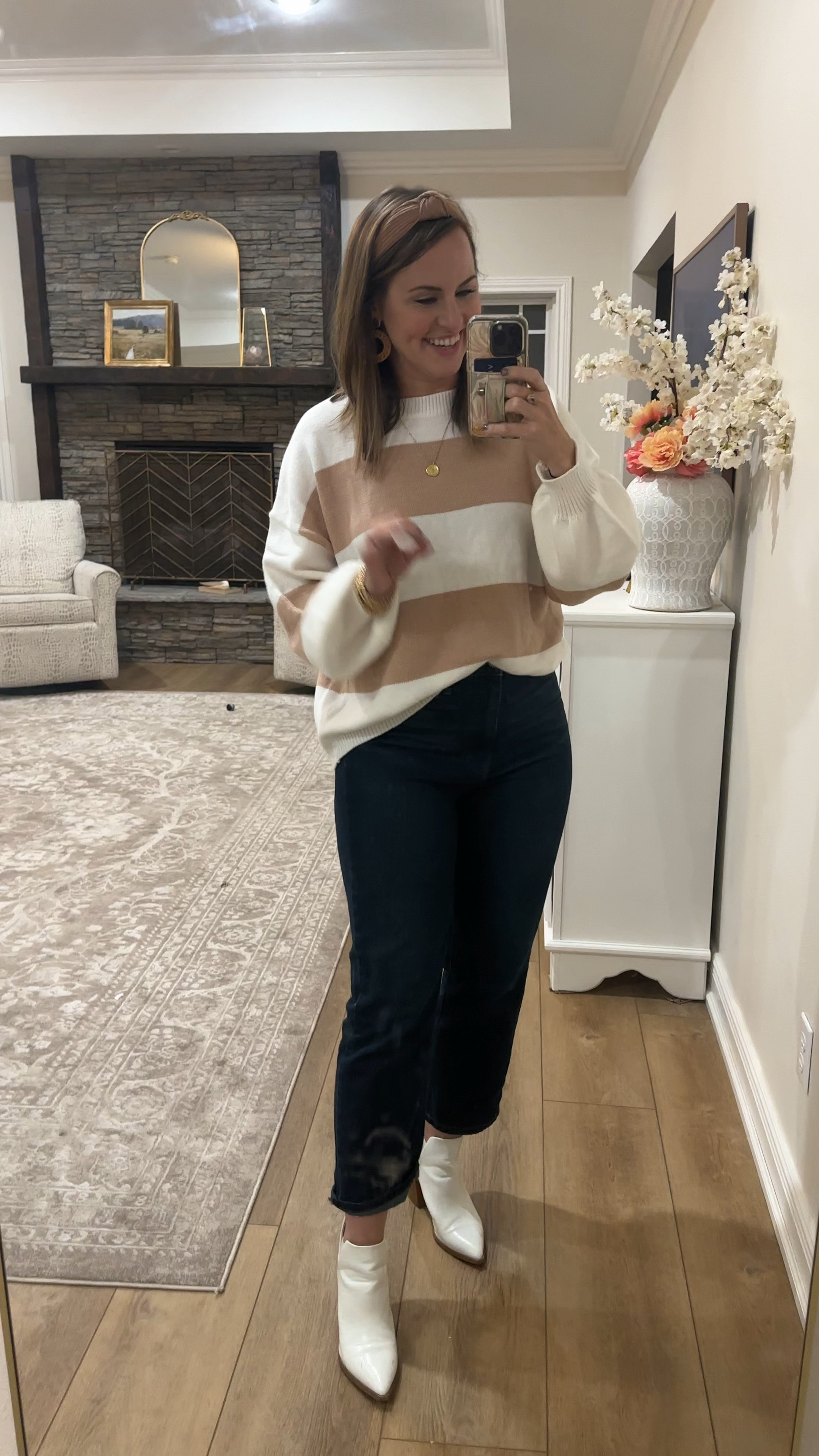 Fall outfit from Walmart— perfect sweater and jeans look for date night outfit, Thanksgiving outfit, family photos, etc! 

Wearing size M in top and 6 in jeans. Sweater is under $20 and jeans are $24!!! 🤯 Headband comes in a pack of 15 knotted ribbed head bands on Amazon for $13!! White boots are Amazon and some of my most worn. Come in lots of colors. 

Walmart fashion, striped sweater, Amazon finds, Amazon fashion, mom style, gold necklace, gold bracelet stack 



#LTKVideo #LTKFindsUnder50 #LTKStyleTip