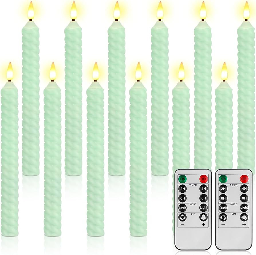 12 Pcs Green Candlestick Flameless Taper Candle with Remote Timer and Dimmer, Flickering LED Batt... | Amazon (US)