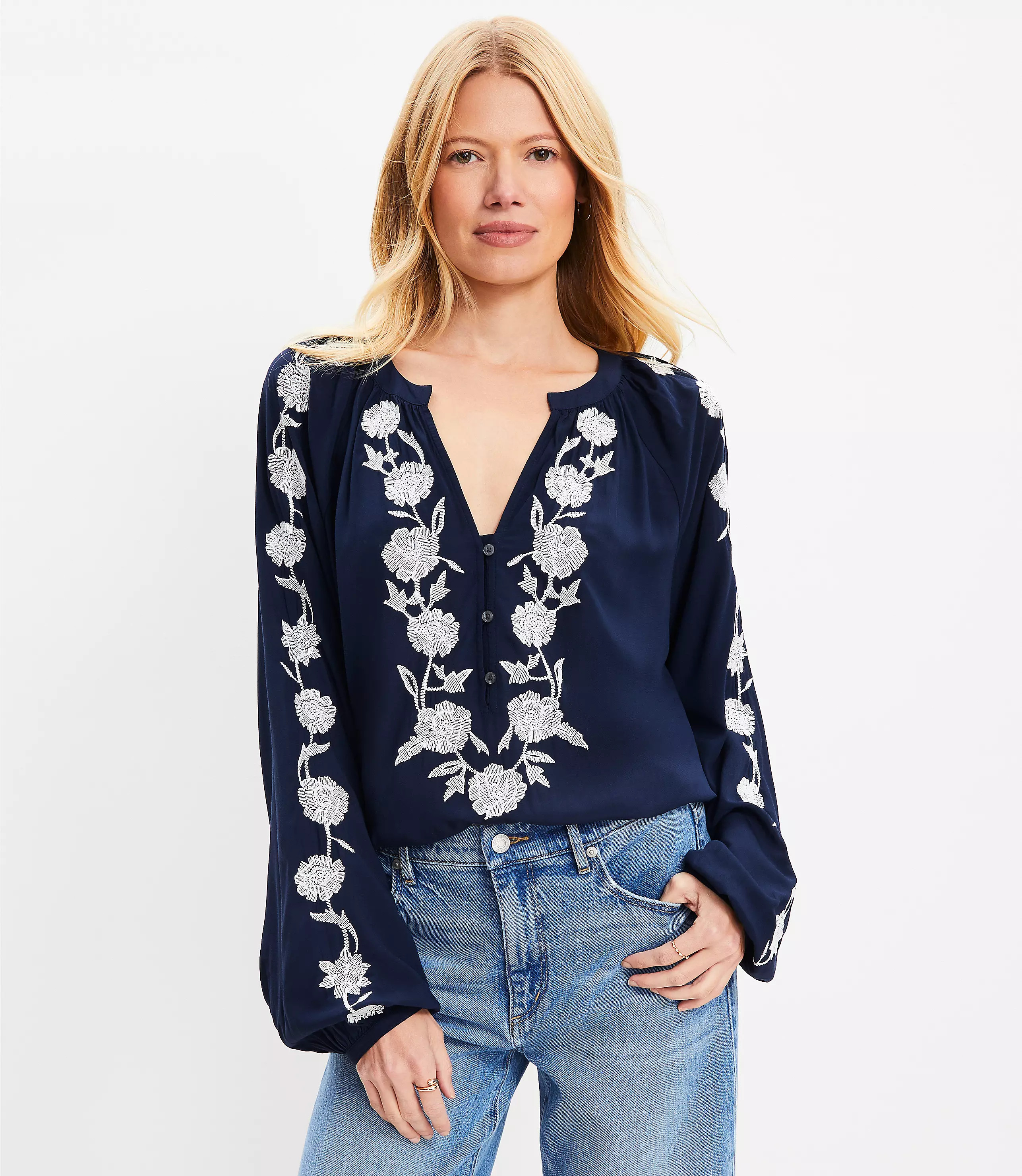 Floral Embroidered V-Neck Blouse | LOFT