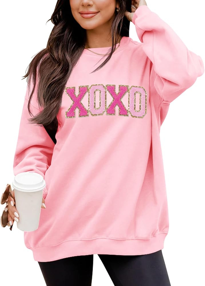 LETSEE Womens Valentine Crewneck Sweatshirt Letter Chenille Patch Long Sleeve Pullover Tops Overs... | Amazon (US)