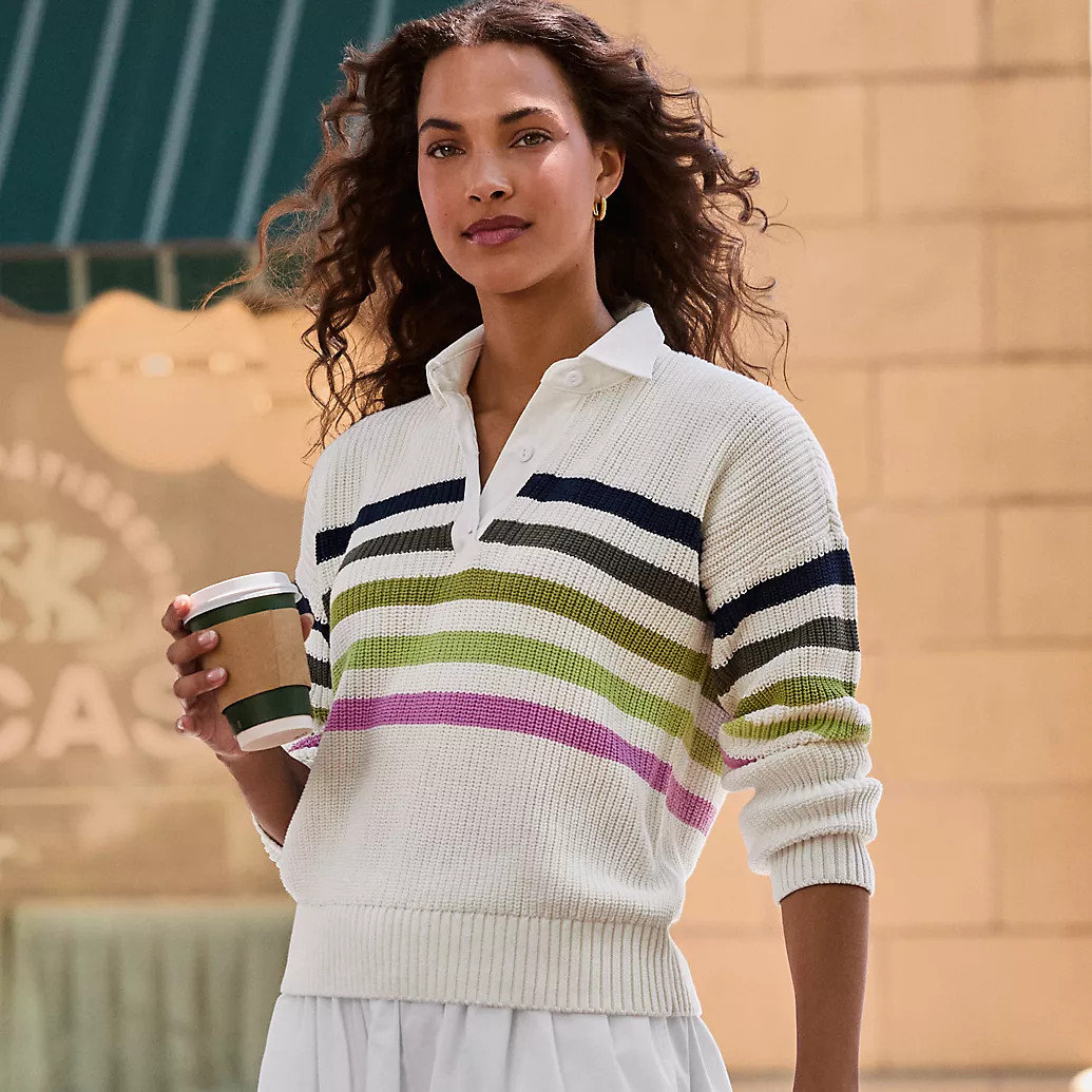 Women's Drifter Rugby with Woven Collar Sweater | Lands' End (US)
