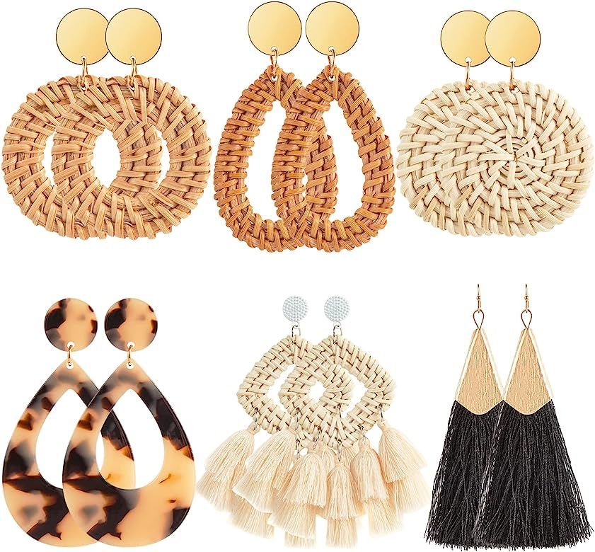 Ponpon 6-18 Pairs Earrings for Women, Lightweight Summer Earrings Straw Earrings Fashion Geometri... | Amazon (US)