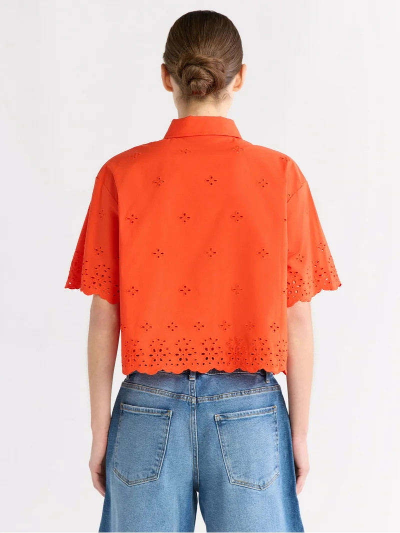 Free Assembly Women's and Women's Plus Cropped Cotton Eyelet Shirt, Sizes XS-4X | Walmart (US)