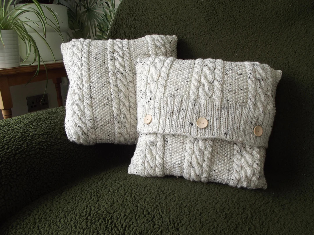 A Pair of Hand Knit Aran Cushion Covers - Etsy | Etsy (US)