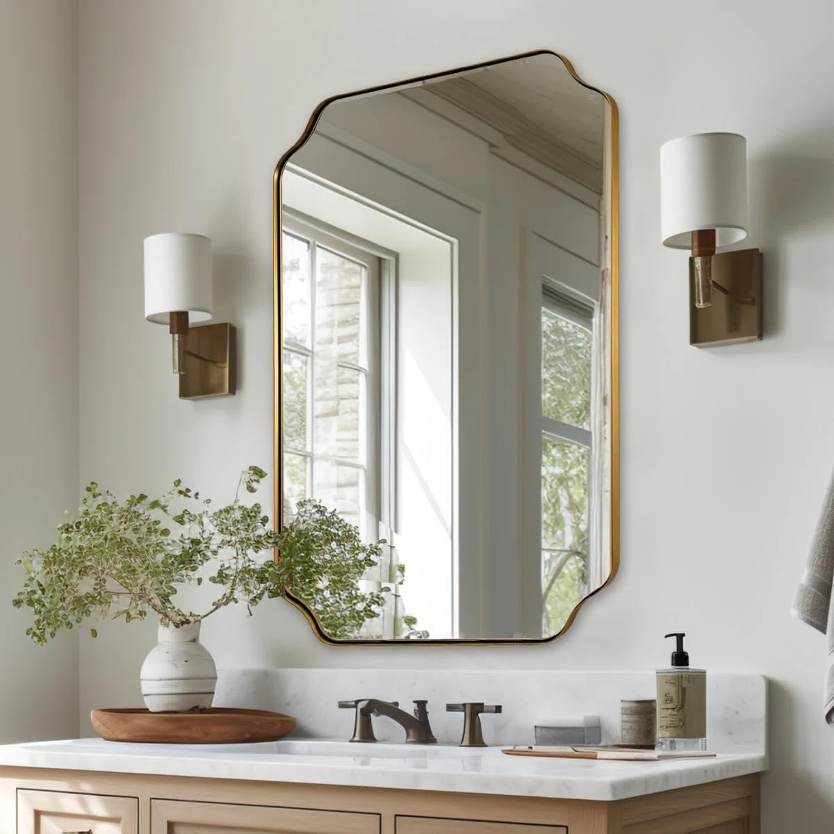 Contemporary Notched Corner Rectangle Scalloped Bathroom Wall Mirror | Stainless Steel Framed | Wayfair North America