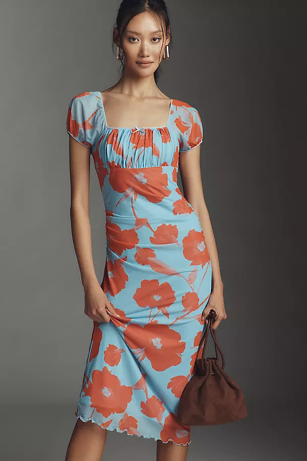 Puff-Sleeve Square-Neck Mesh Midi Dress | Anthropologie (US)
