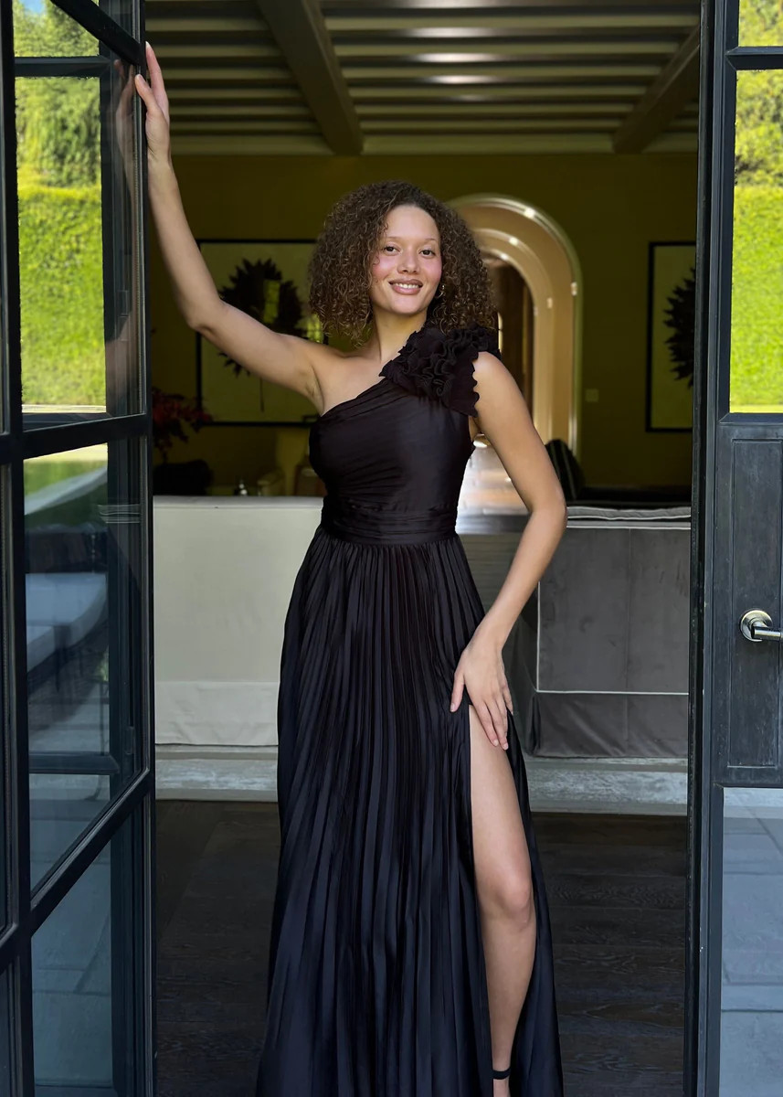 Gianna Black One Shoulder Ruffle Detail Pleated Maxi Dress | Benaar La