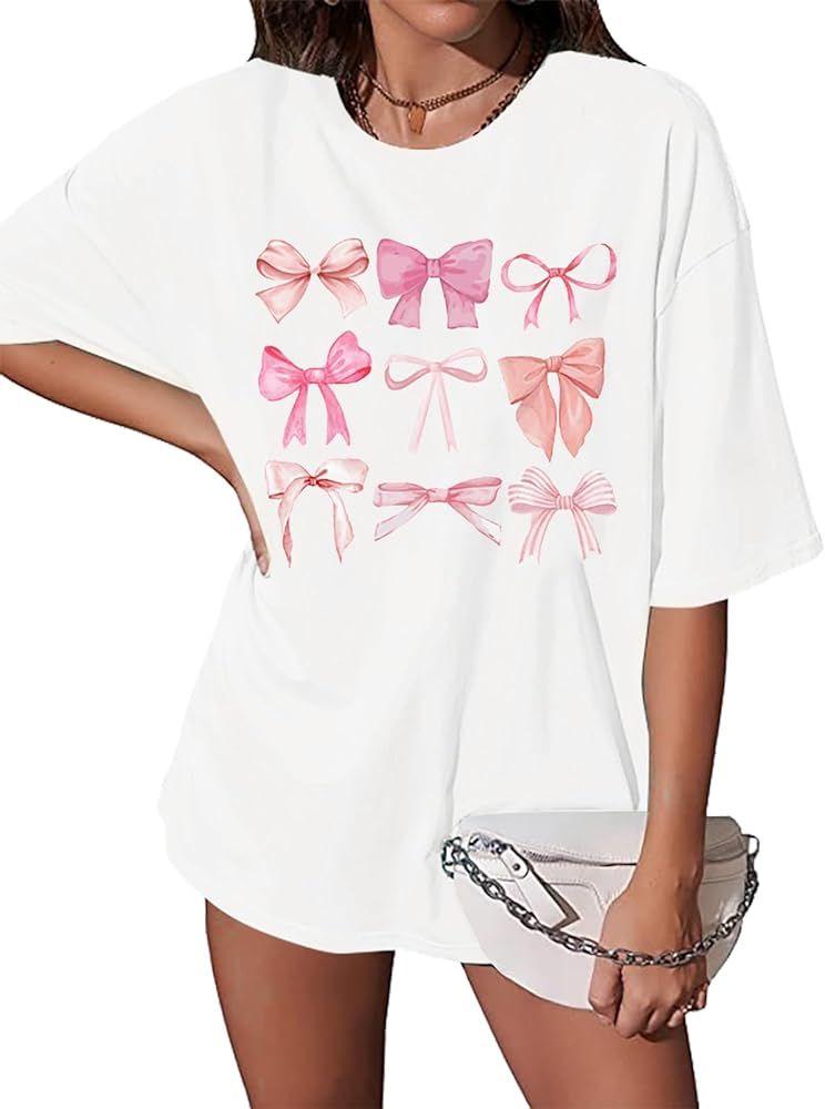 Womens Bow Shirt Coquette Aesthetic Shirt Trendy Pink Bow Girly Tee Watercolor Pastel Bow Oversiz... | Amazon (US)