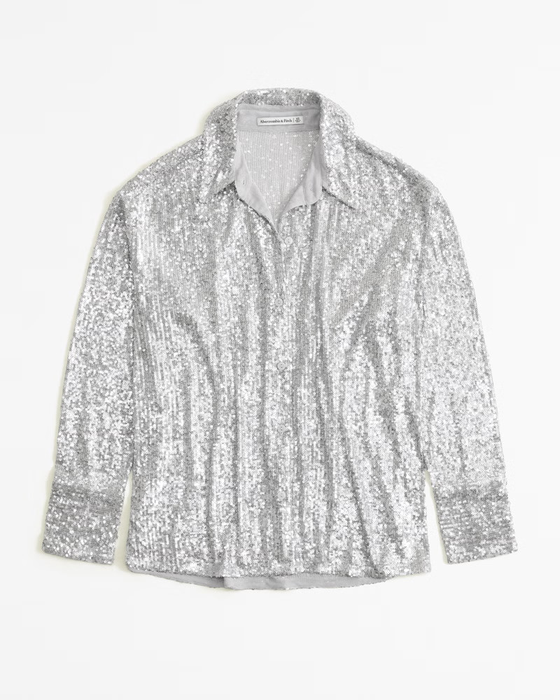 Long-Sleeve Sequin Button-Up Shirt | Abercrombie & Fitch (US)