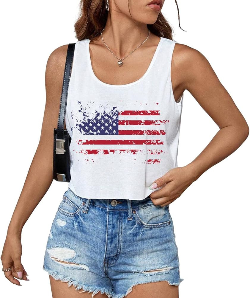 Funny 4th of July Crop Tops for Women Sexy American Flag Crop Tanks Tops for Teen Girls | Amazon (US)