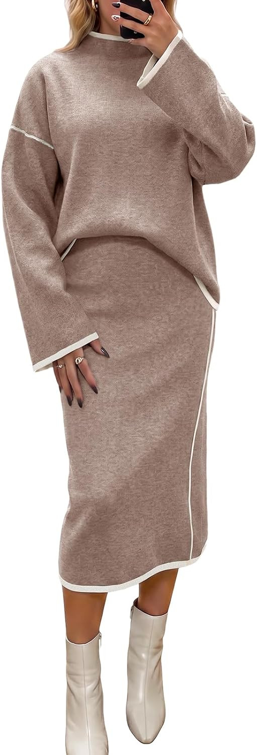 Wenrine Womens 2 Piece Sets Mock Neck Sweater Dress Fall Midi Skirt Set | Amazon (US)