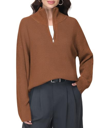 Simlakey Women Quarter Zip Sweater Oversized Collared Ribbed Knit Pullover Long Sleeve V Neck Casual Jumper Fall Fashion Top(Caramel,S) | Amazon (US)