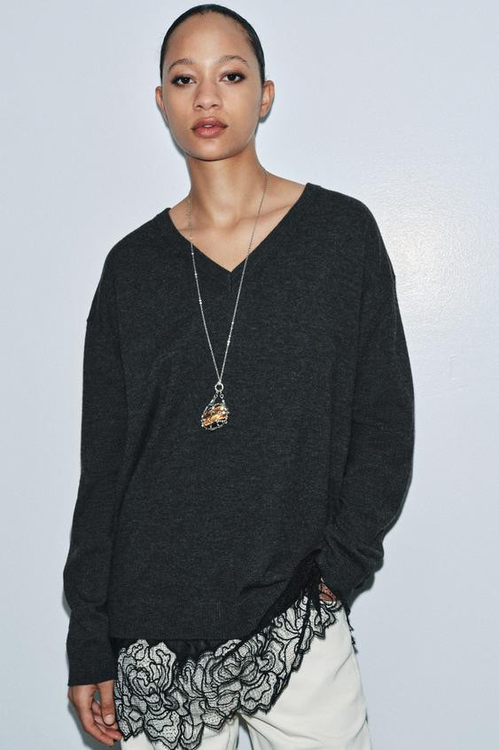 LONG KNIT JUMPER WITH LACE DETAIL | Zara UK