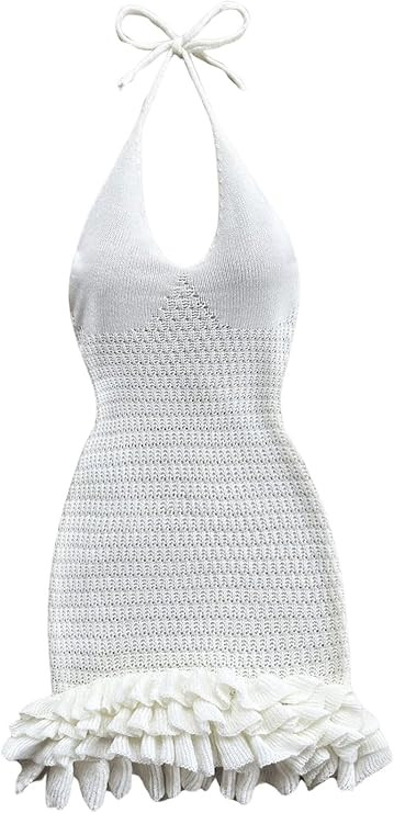 GORGLITTER Women's Crochet Halter Bubble Mini Dress Bow Backless Summer Bodycon Knit Dress Vacati... | Amazon (US)