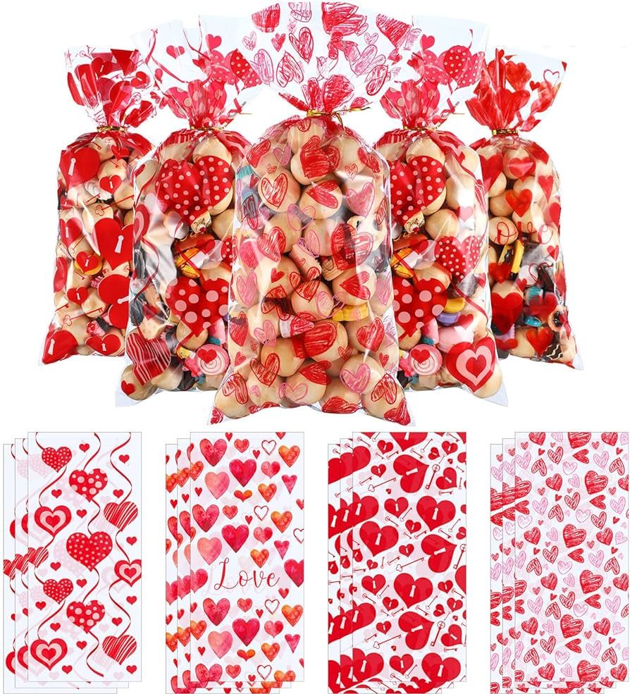 Blulu 100 Pieces Valentines Party Treat Bags Mixed Heart Print Pattern Cellophane Plastic Goodie ... | Amazon (US)